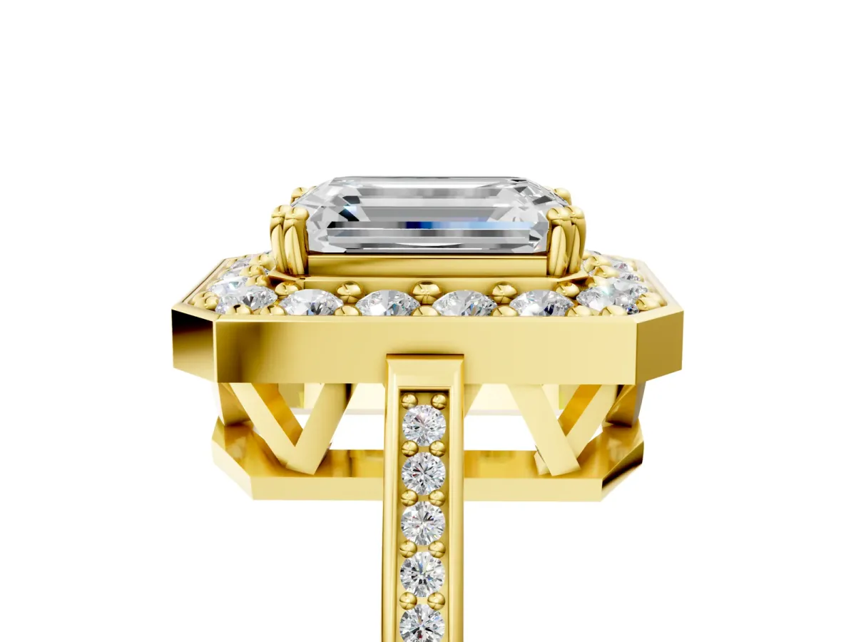 Emerald Cut Diamond Halo Ring with Split Shank and Four-Prong Setting Yellow gold