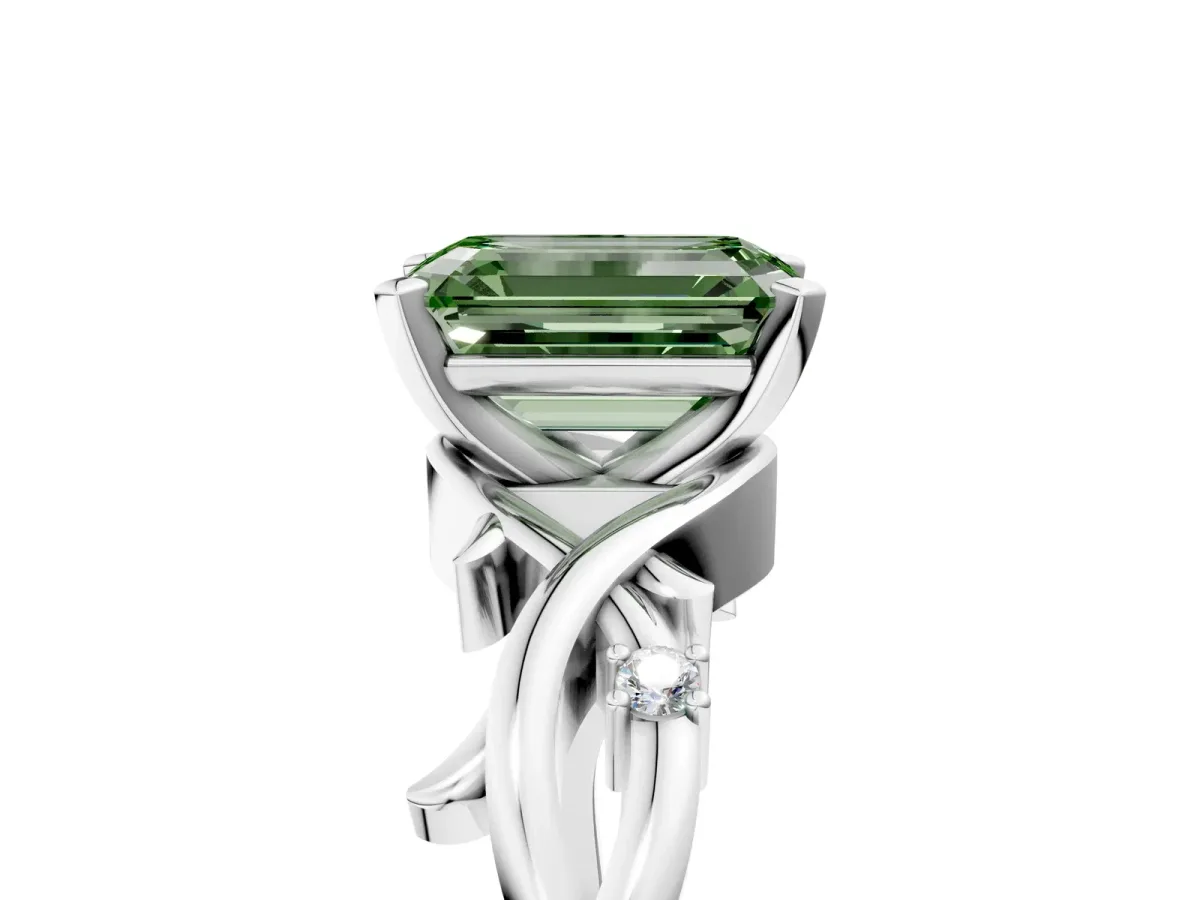 Fancy Green Emerald Cut Diamond Solitaire Ring with Twisted Band and Prong Setting Silver
