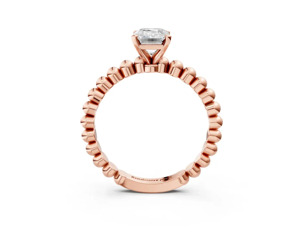 Emerald Cut Diamond Solitaire Ring with Beaded Band and Prong Setting Rose gold