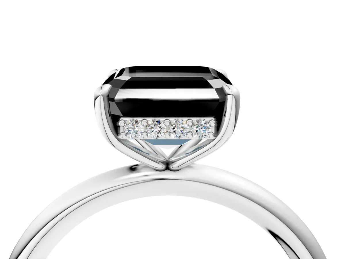 Fancy Black Asscher Cut Diamond Solitaire Ring with Thin Band and Four-Prong Setting Platinum