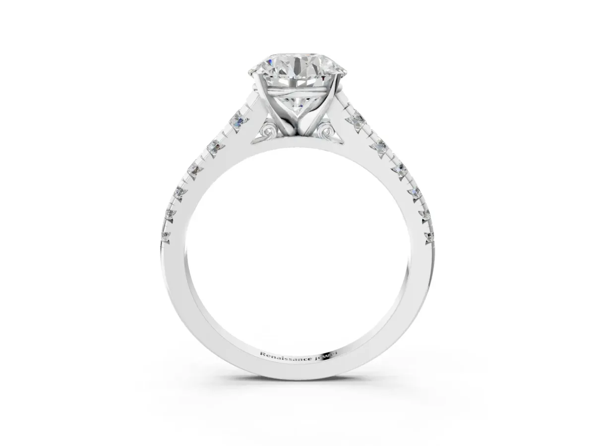 Round Cut Diamond Cathedral Solitaire Ring with Round Pavé Band Platinum