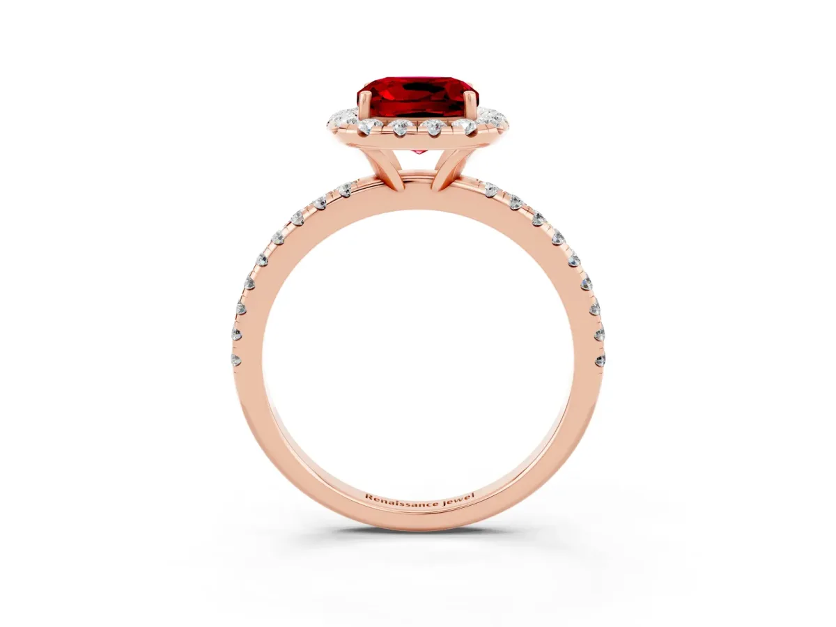 Cushion Cut Ruby Halo Ring with Round Pavé Band and Prong Setting Rose gold