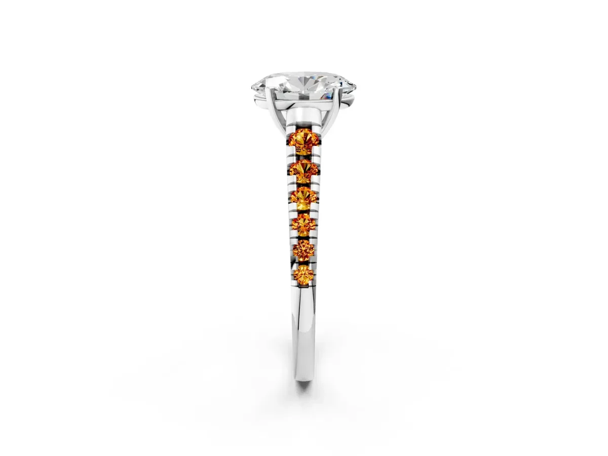 Oval Cut Diamond Cathedral Solitaire Ring with Round Citrine Pavé Band Silver