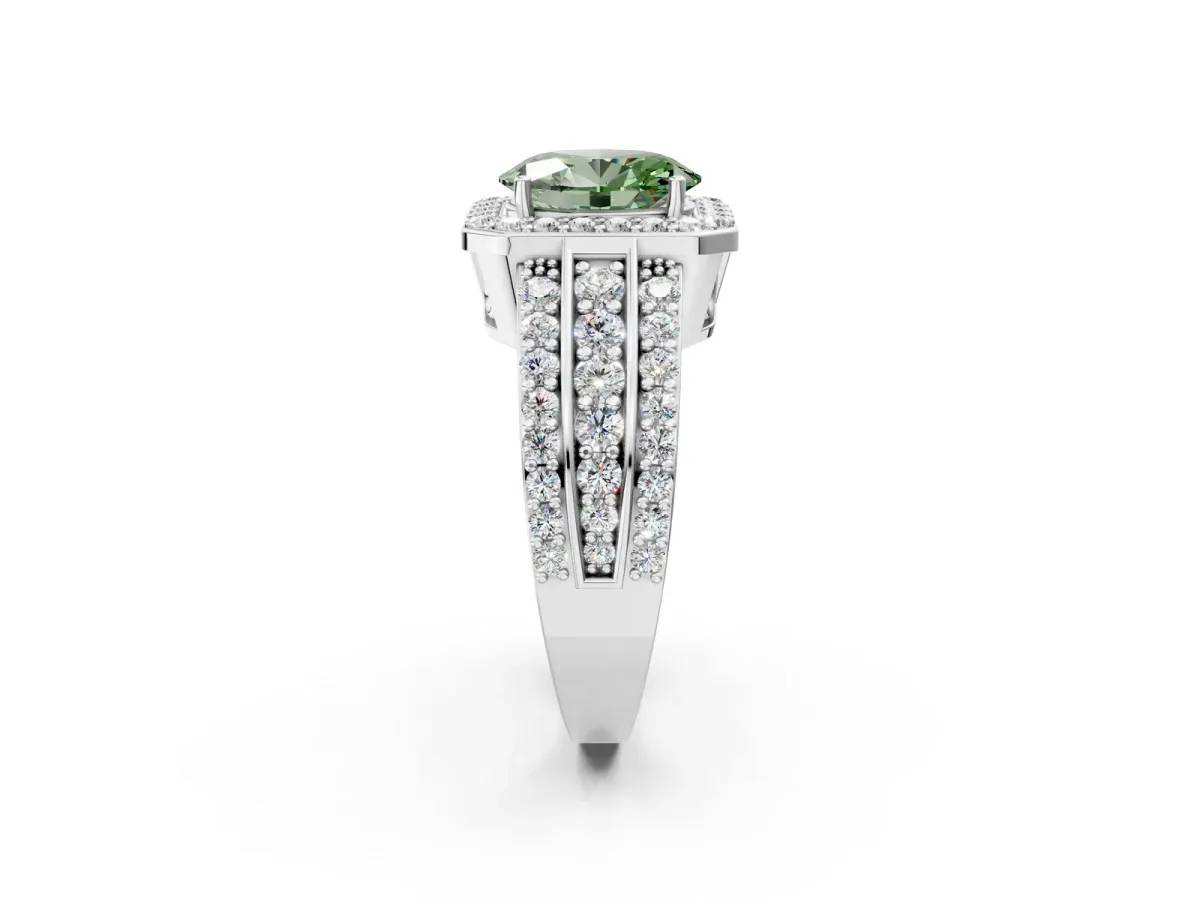Fancy Green Oval Cut Halo Diamond Ring with Round Split Shank and Prong Setting Silver