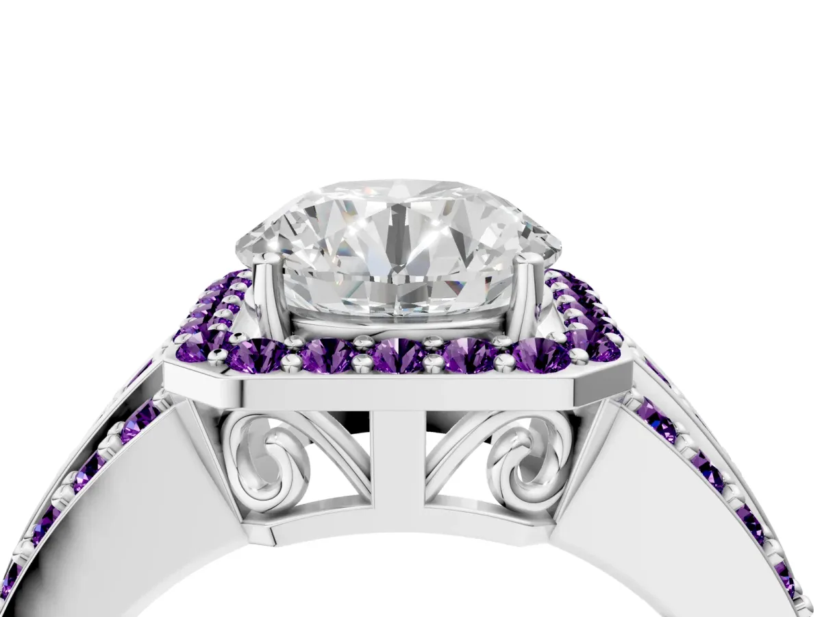 Round Cut Halo Diamond Ring with Round Amethyst Split Shank and Prong Setting Platinum