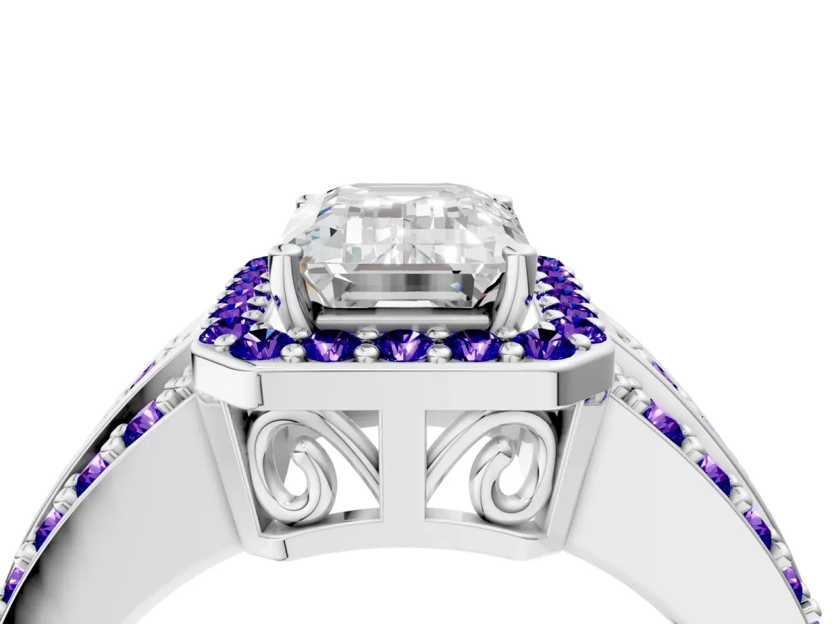 Emerald Cut Halo Diamond Ring with Round Tanzanite Split Shank and Prong Setting Platinum