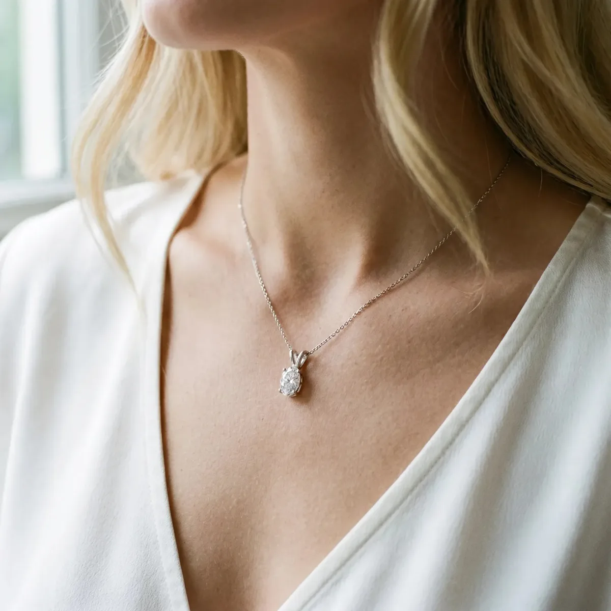 Oval Solitaire Diamond Prong Pendant White gold