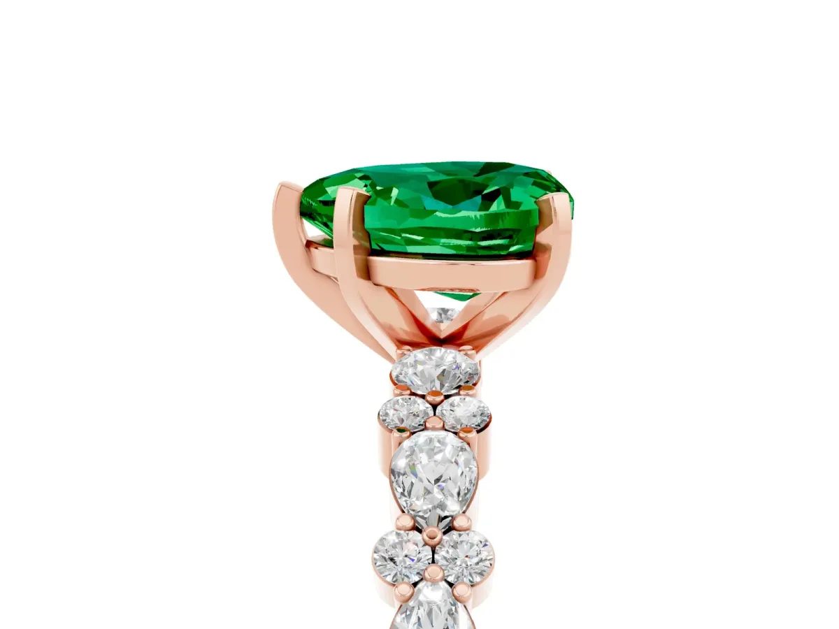Heart Cut Emerald Side Stone Solitaire Ring with Round and Four-Prong Setting Rose gold