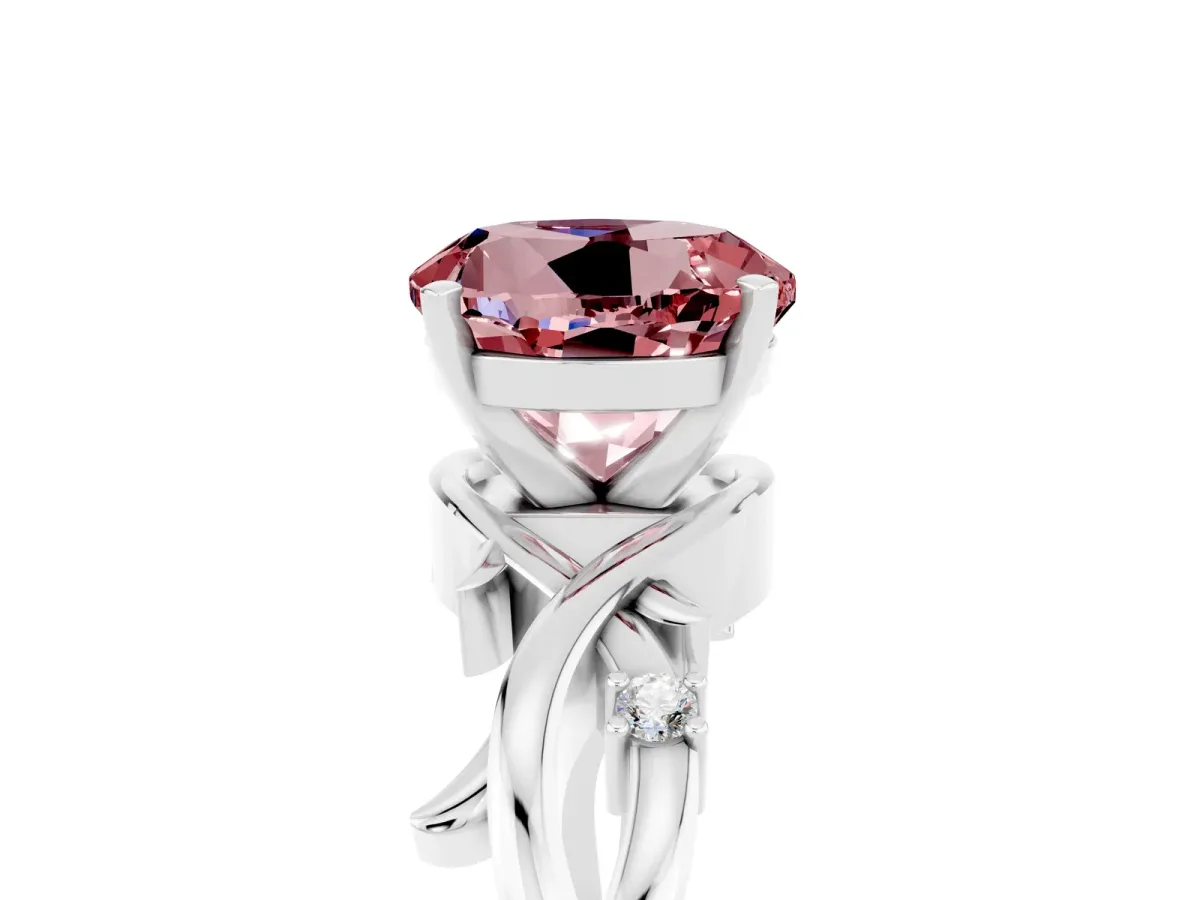 Round Cut Morganite Solitaire Ring with Twisted Band and Prong Setting Silver