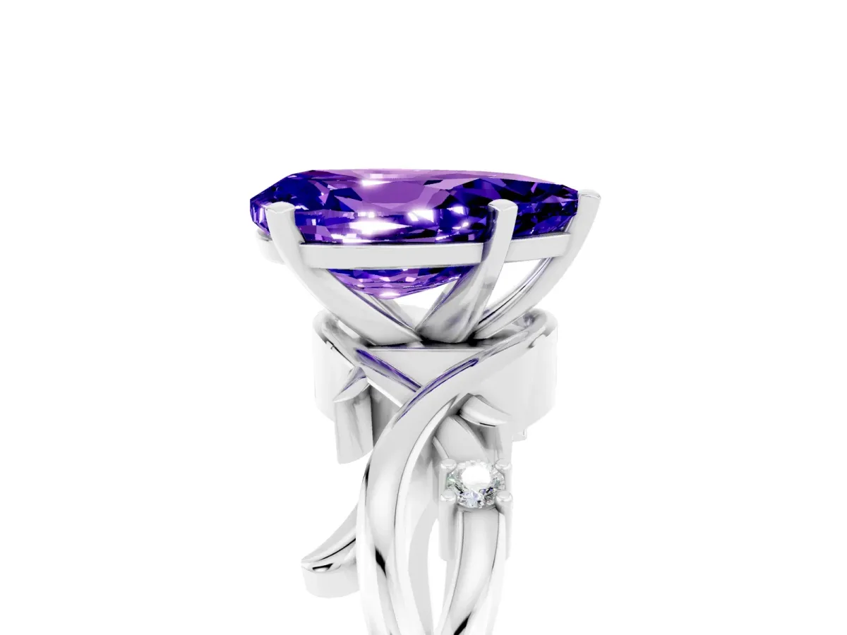 Pear Cut Tanzanite Solitaire Ring with Twisted Band and Prong Setting White gold