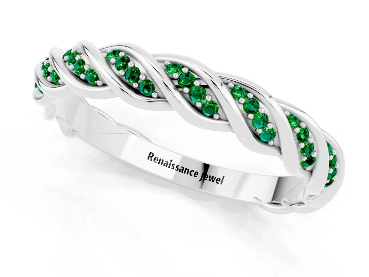 Twisted Pavé Round Emerald Eternity Band with Shared Prong Setting Silver