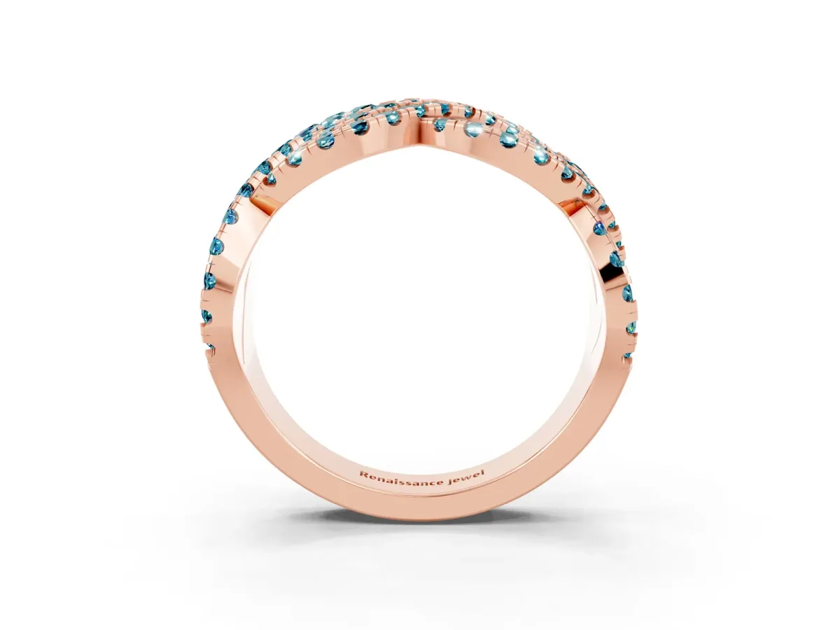 Pavé Round Blue Topaz Infinity Twist Band with Shared Prong Setting Rose gold