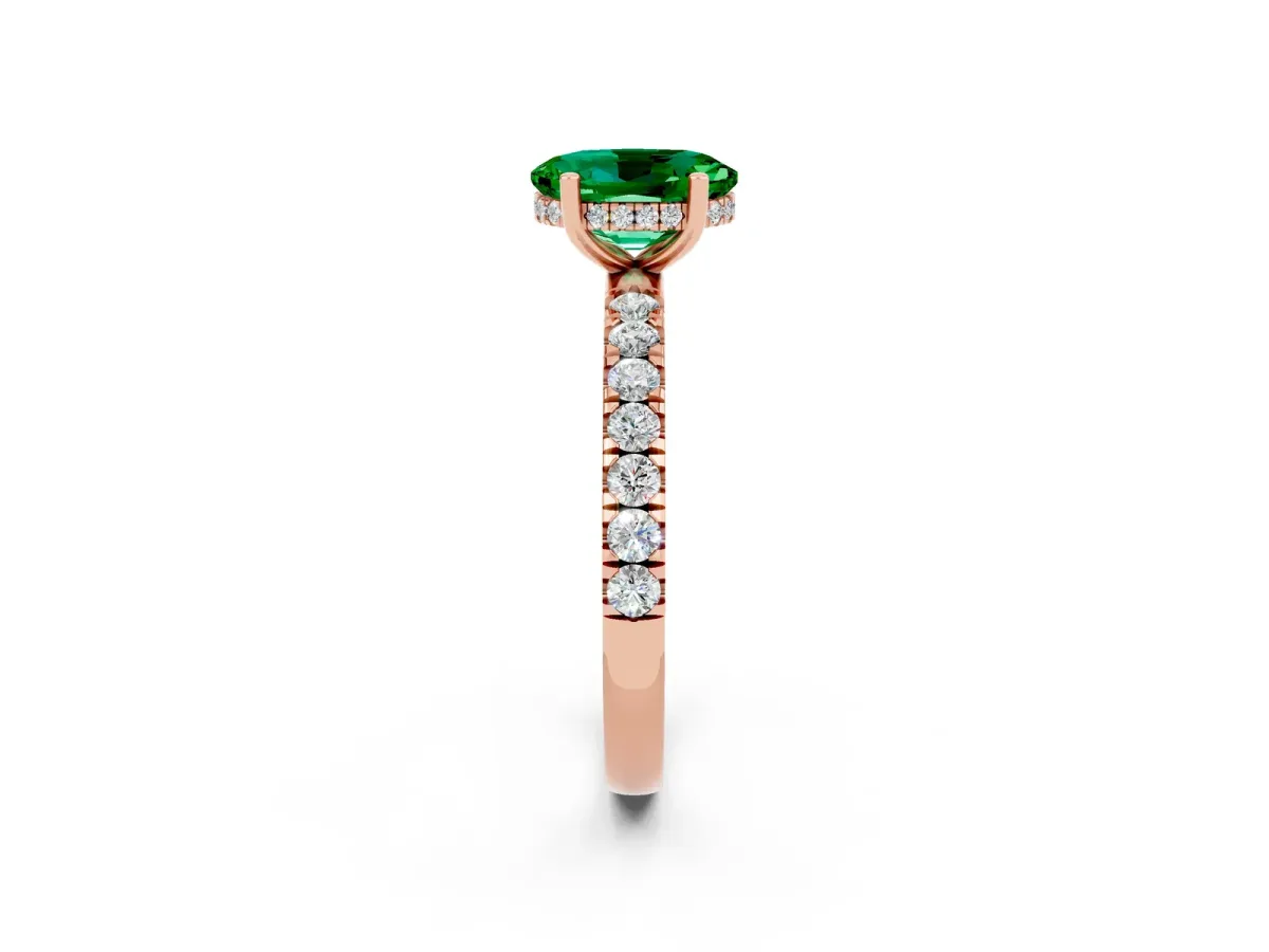 Oval Cut Emerald Pave Band Solitaire Ring with Round and Prong Setting Rose gold