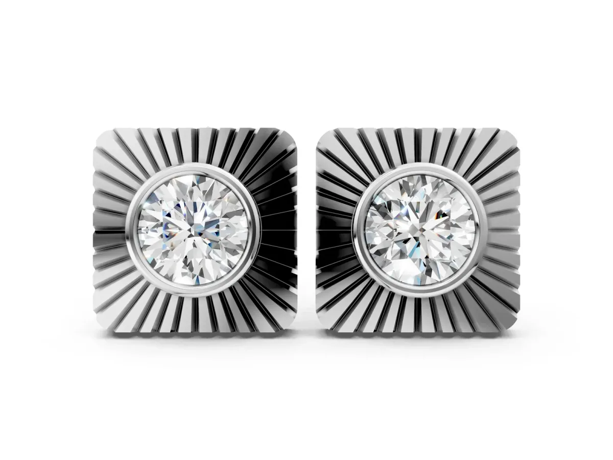 Round Diamond Sunburst Square Stud Earrings Platinum