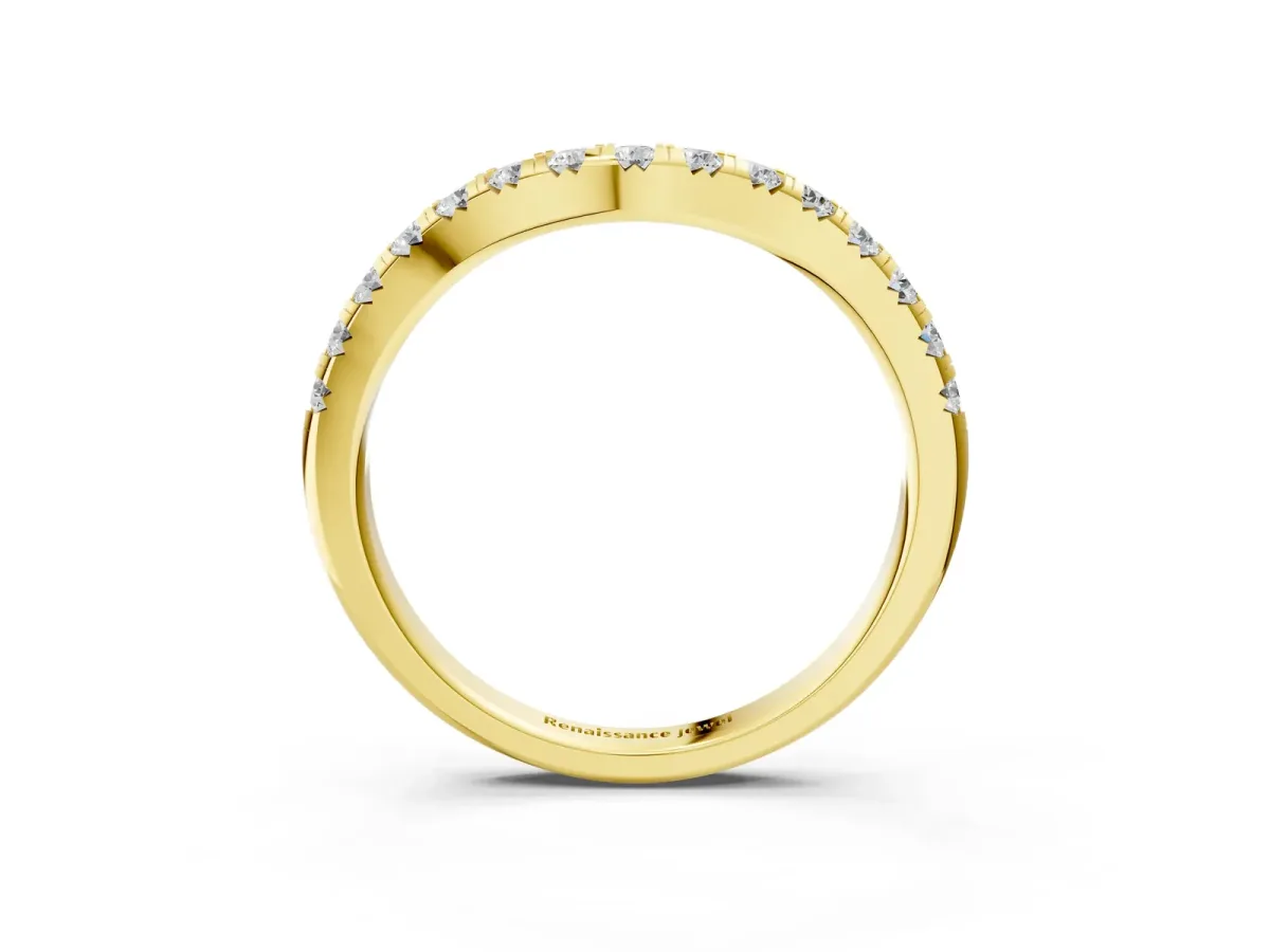 Round Diamond Curved Pavé Wedding Band with Shared Prong Setting Yellow gold