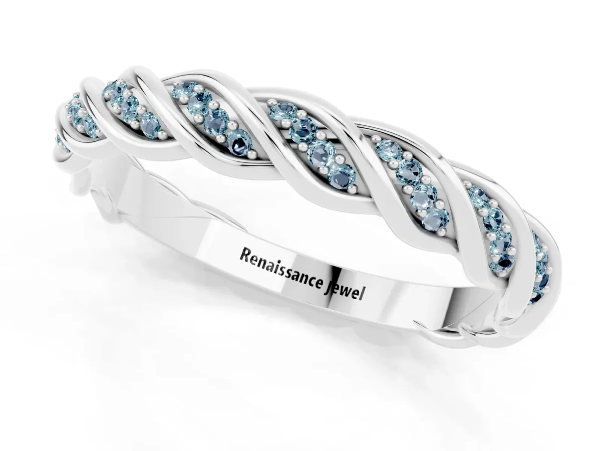 Twisted Pavé Round Aquamarine Eternity Band with Shared Prong Setting White gold
