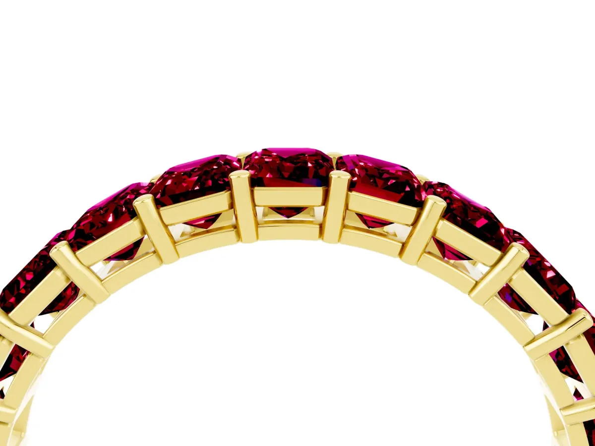 Emerald Cut Garnet Eternity Band with Shared Prong Setting Yellow gold