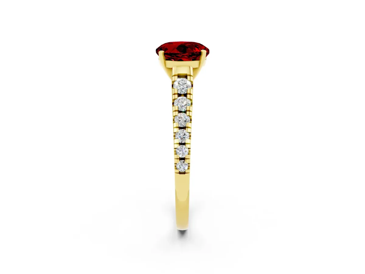 Round Cut Ruby Cathedral Solitaire Ring with Round Pavé Band Yellow gold
