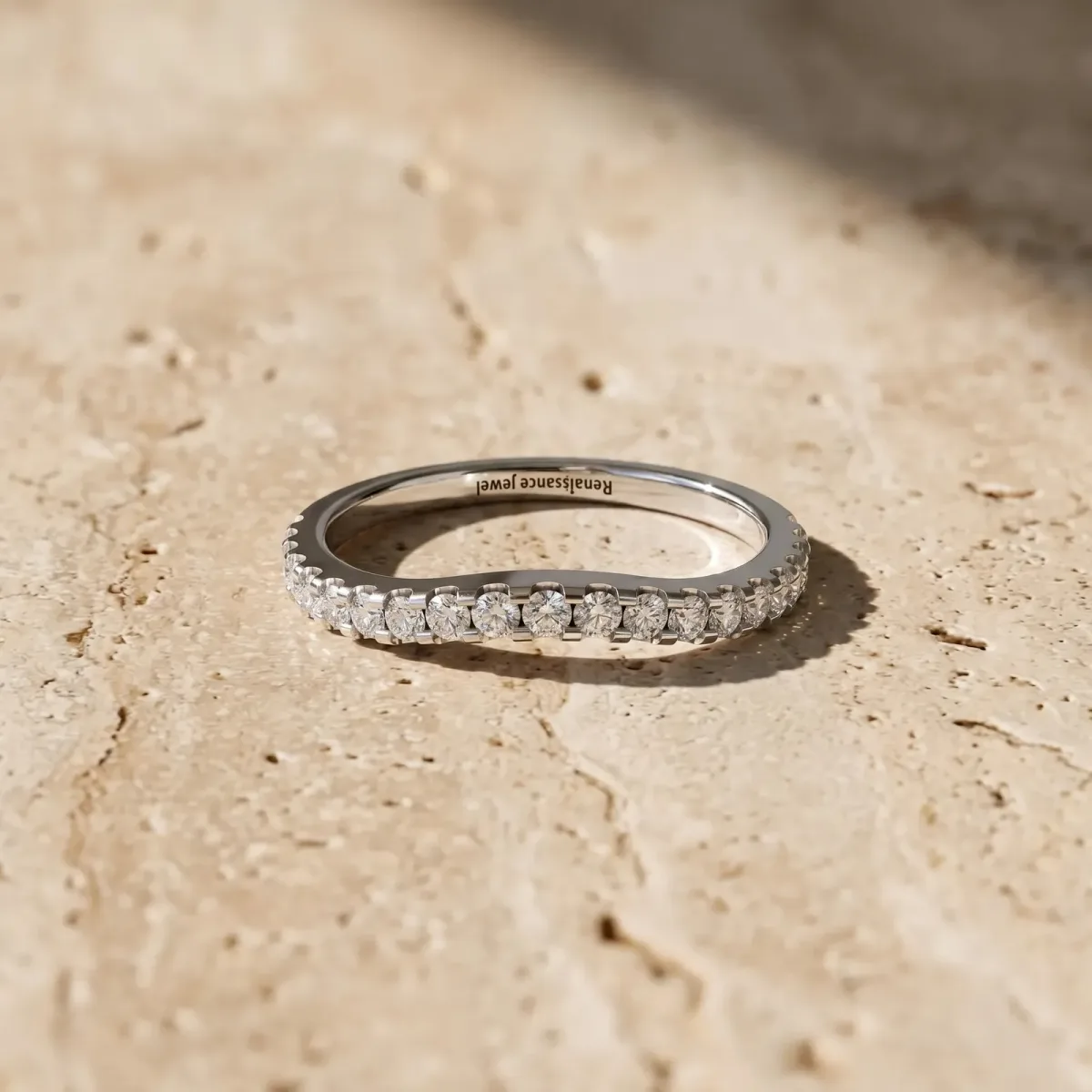 Round Diamond Pavé Curved Wedding Band Silver