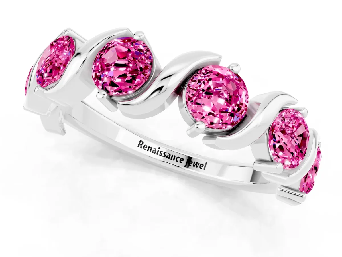 Six-Stone Round Pink Sapphire Wave Band with Shared Prong Setting Platinum