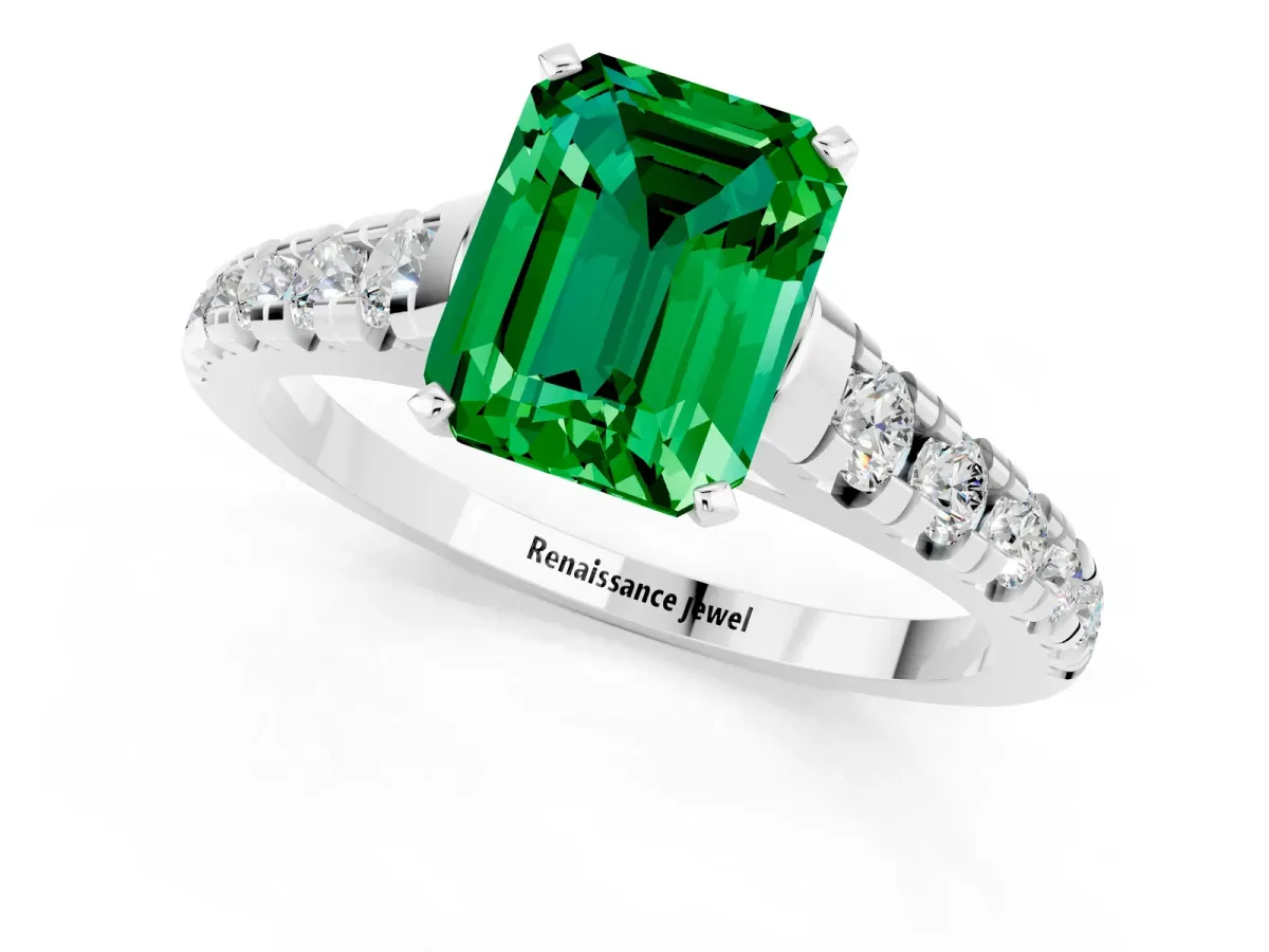 Emerald Cut Emerald Cathedral Solitaire Ring with Round Pavé Band Silver