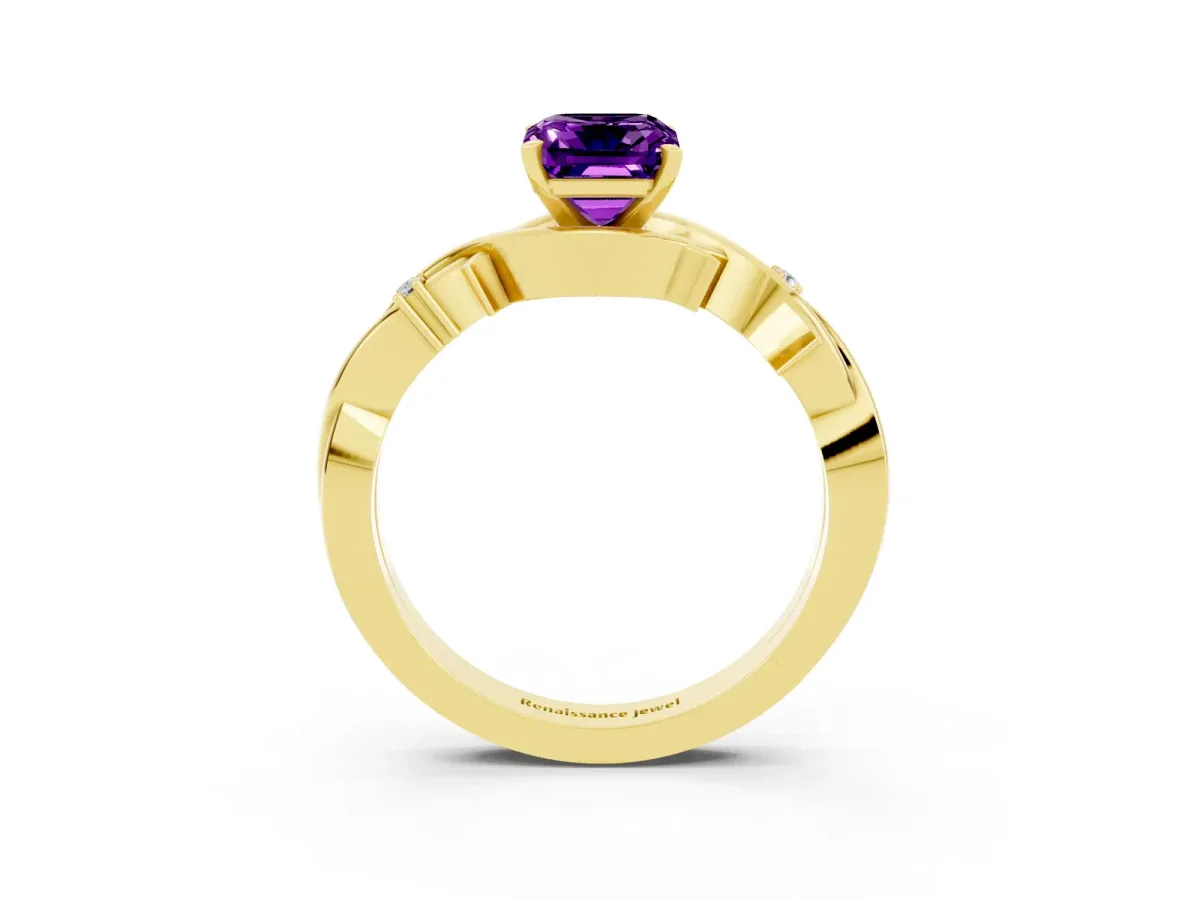 Emerald Cut Amethyst Solitaire Ring with Twisted Band and Prong Setting Yellow gold