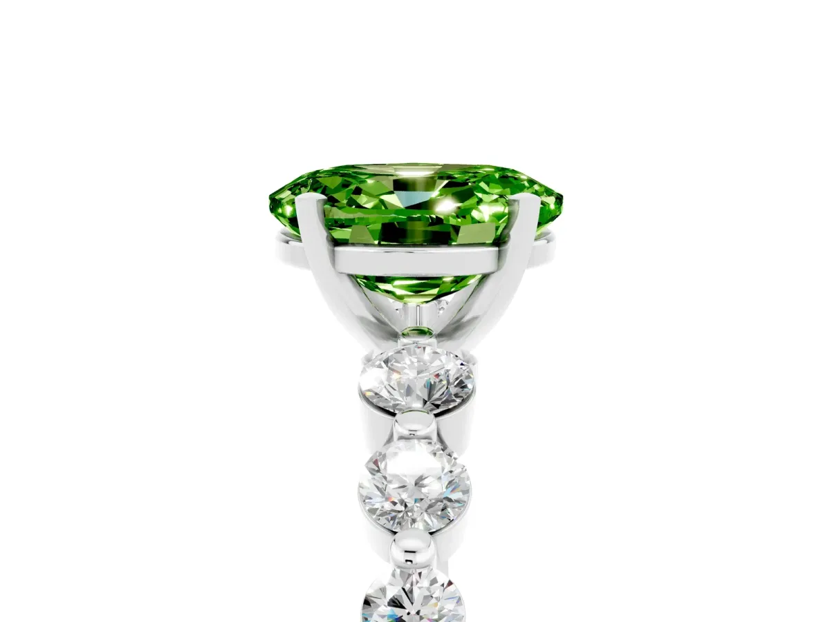 Oval Cut Solitaire Peridot Ring with Pave Band and Four-Prong Setting White gold
