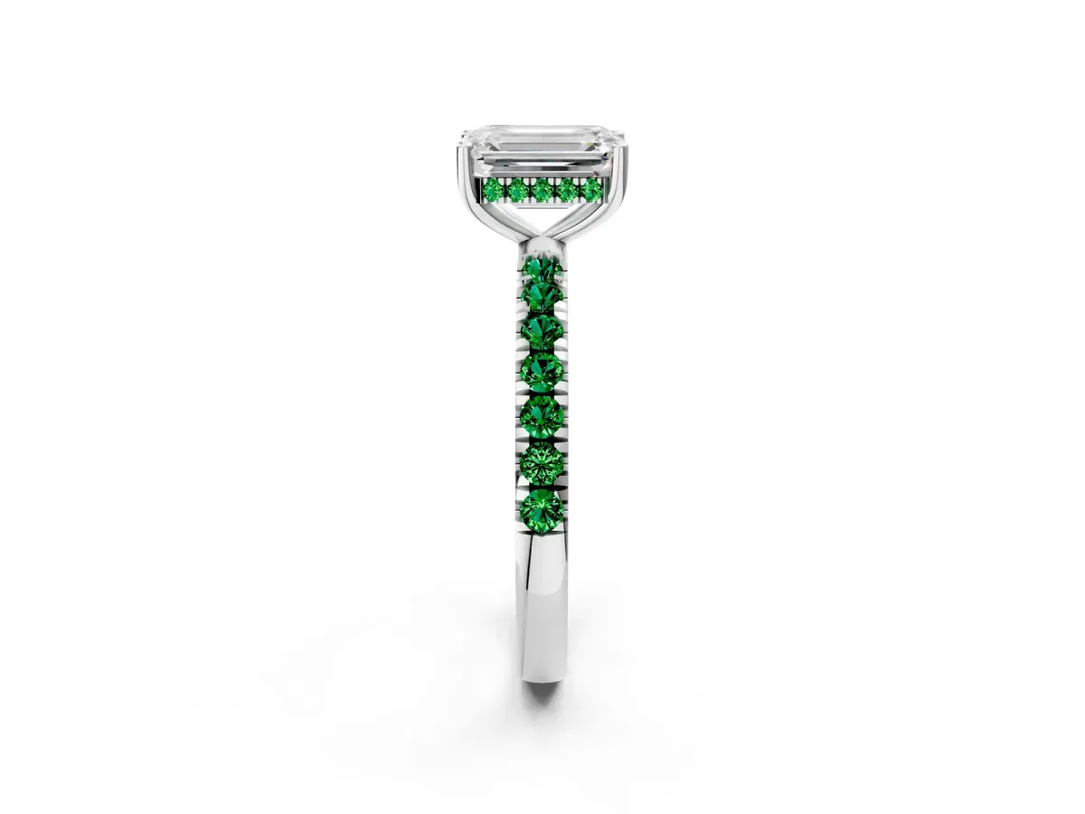 Emerald Cut Diamond Pave Band Solitaire Ring with Round Emerald and Prong Setting Silver
