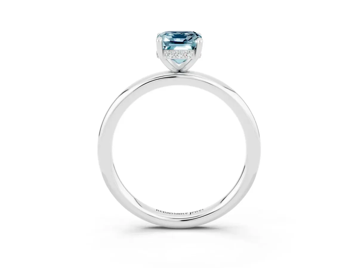 Emerald Cut Aquamarine Solitaire Ring with Thin Band and Four-Prong Setting White gold