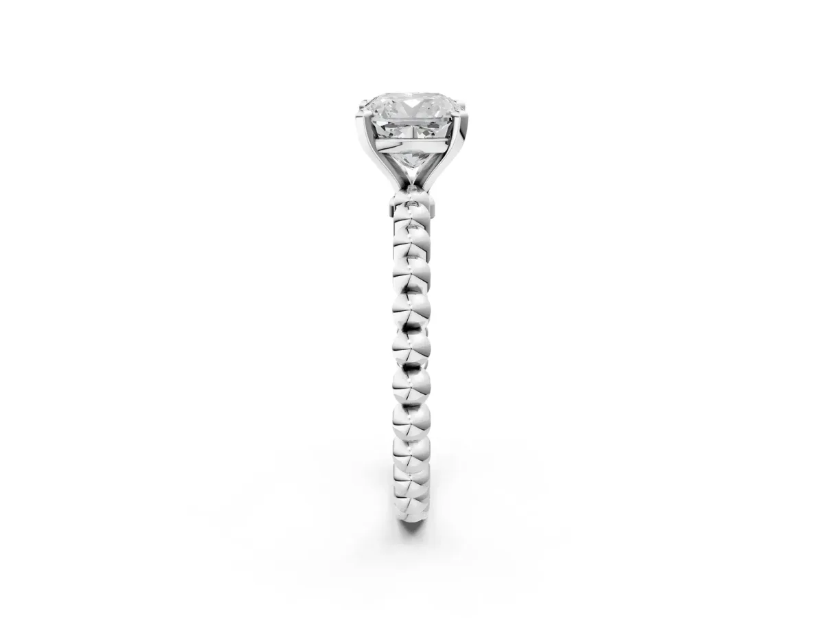 Cushion Cut Diamond Solitaire Ring with Beaded Band and Prong Setting Platinum