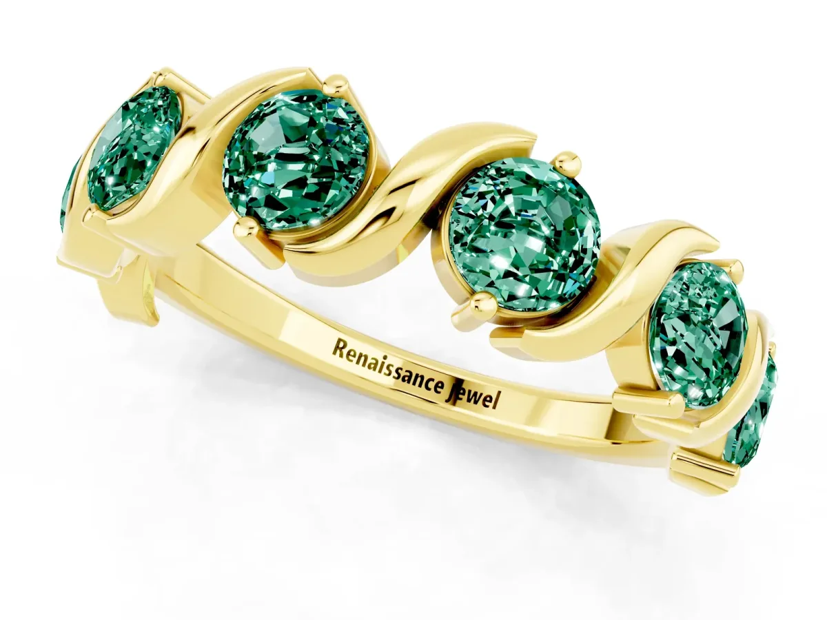 Six-Stone Round Green Sapphire Wave Band with Shared Prong Setting Yellow gold