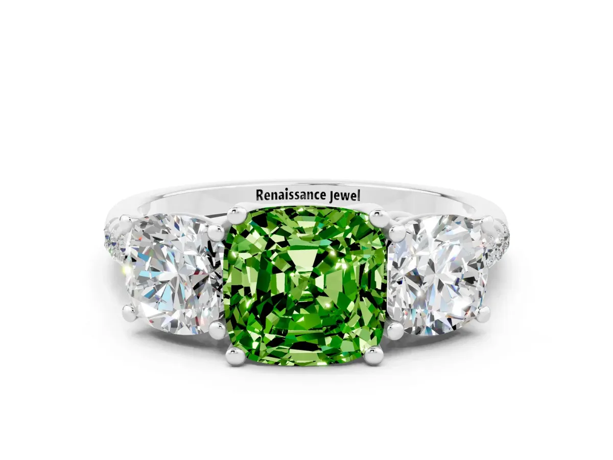 Three-Stone Cushion Cut Peridot Ring with Round Pavé Band and Prong Setting Silver