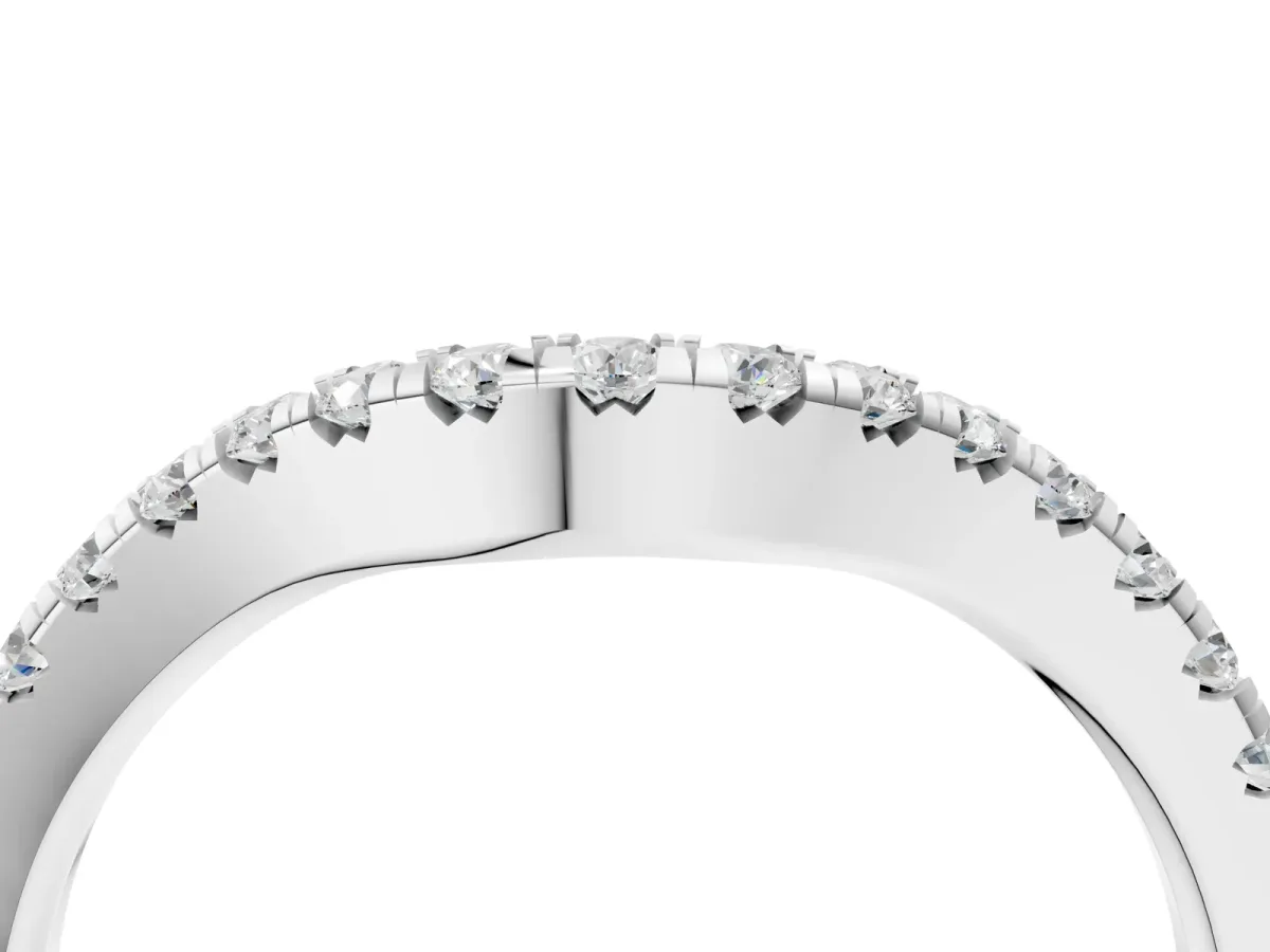 Curved Round Diamond Wedding Band with Pavé Setting and Shared Prong Silver