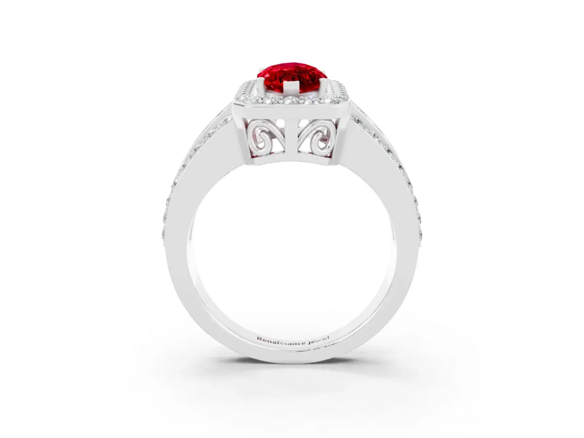 Marquise Cut Halo Ruby Ring with Round Split Shank and Prong Setting White gold