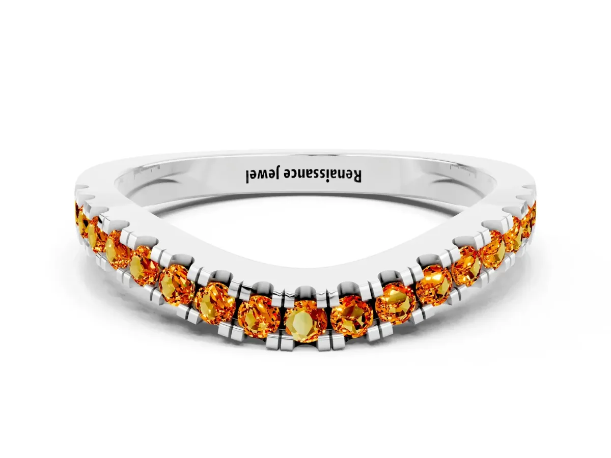 Round Citrine Pavé Curved Band with Shared Prong Setting Silver