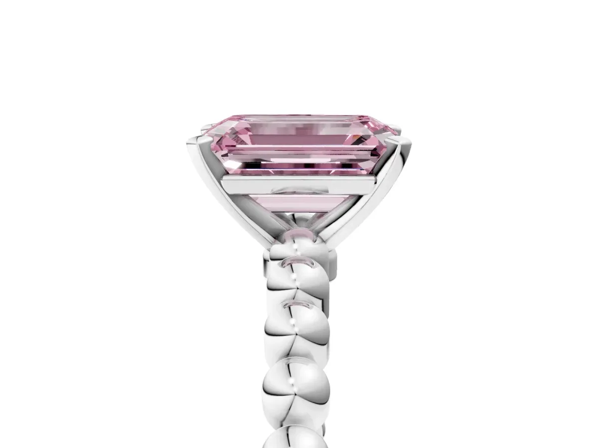 Fancy Pink Emerald Cut Diamond Solitaire Ring with Beaded Band and Prong Setting Silver