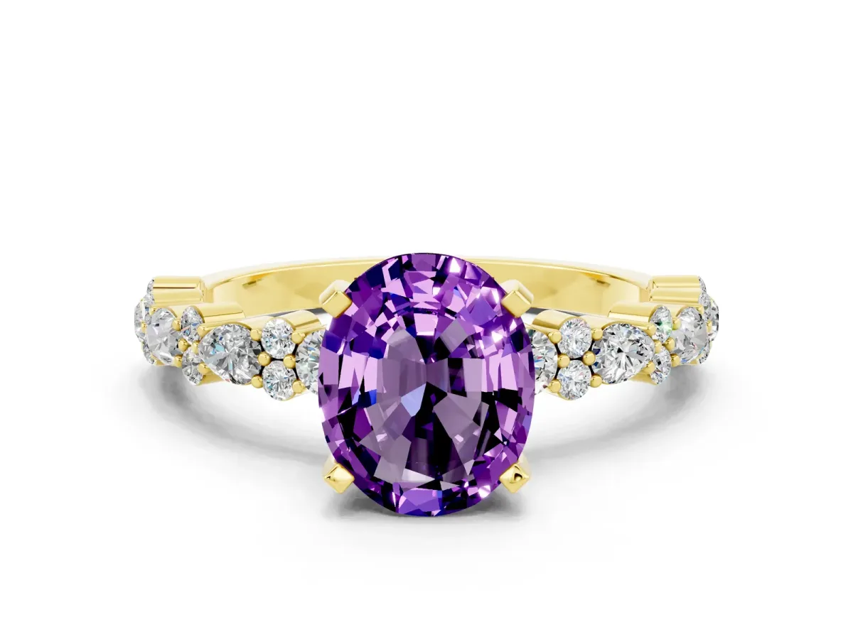 Oval Cut Amethyst Side Stone Solitaire Ring with Round and Four-Prong Setting Yellow gold