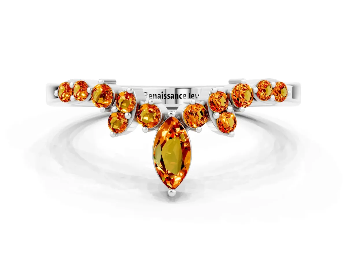 Marquise and Round Citrine Chevron Band with Prong Setting Silver