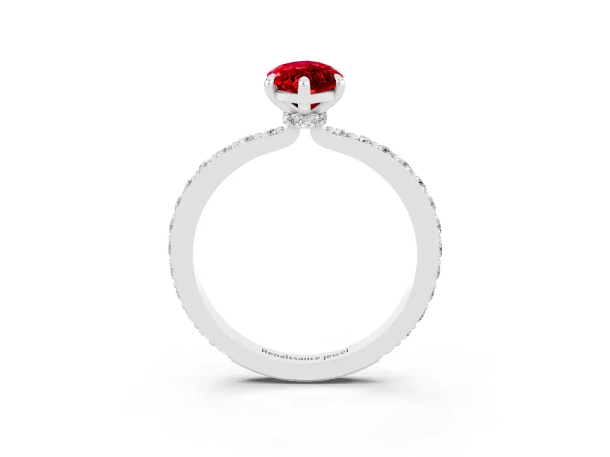 Marquise Cut Ruby Solitaire Engagement Ring with Pavé Band and Four-Prong Setting Silver