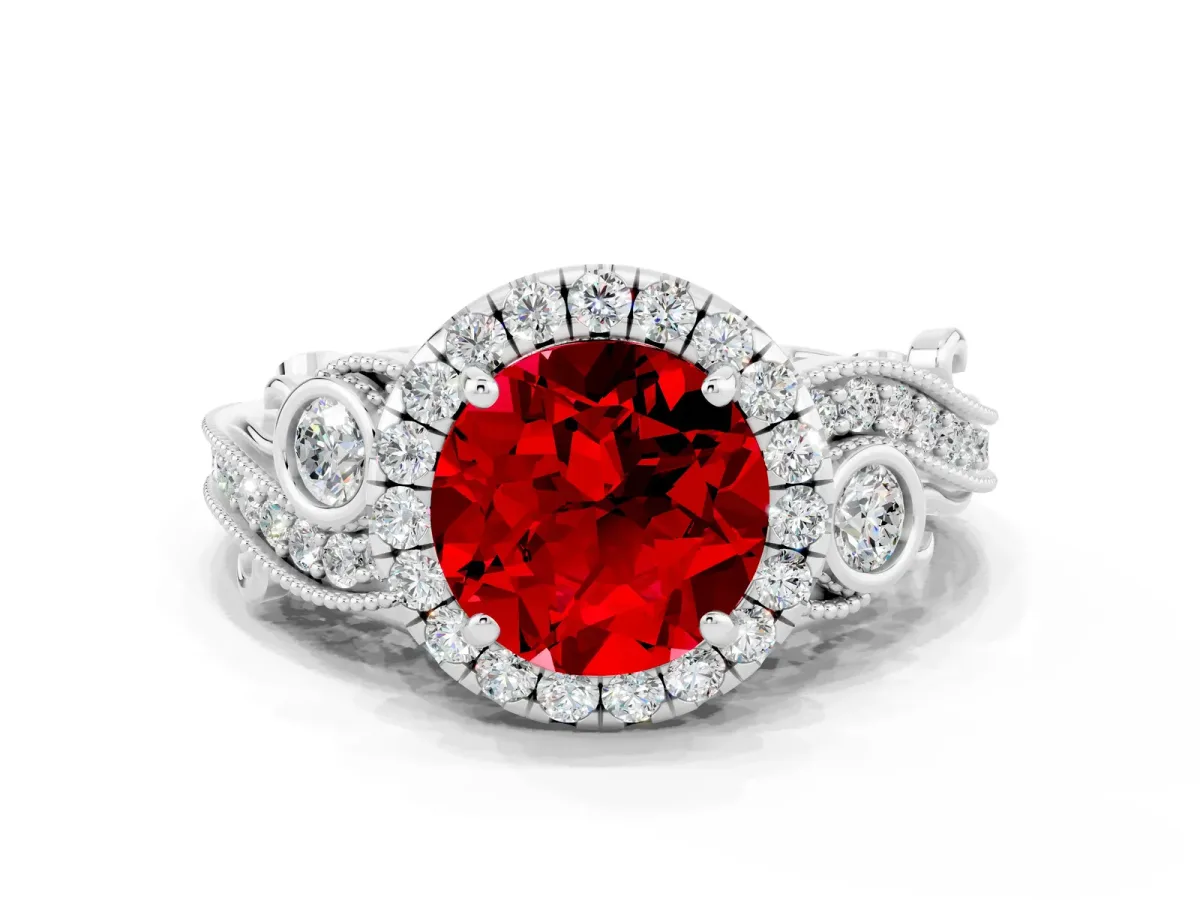 Round Cut Ruby Halo Ring with Milgrain Pavé Band and Four-Prong Setting Platinum
