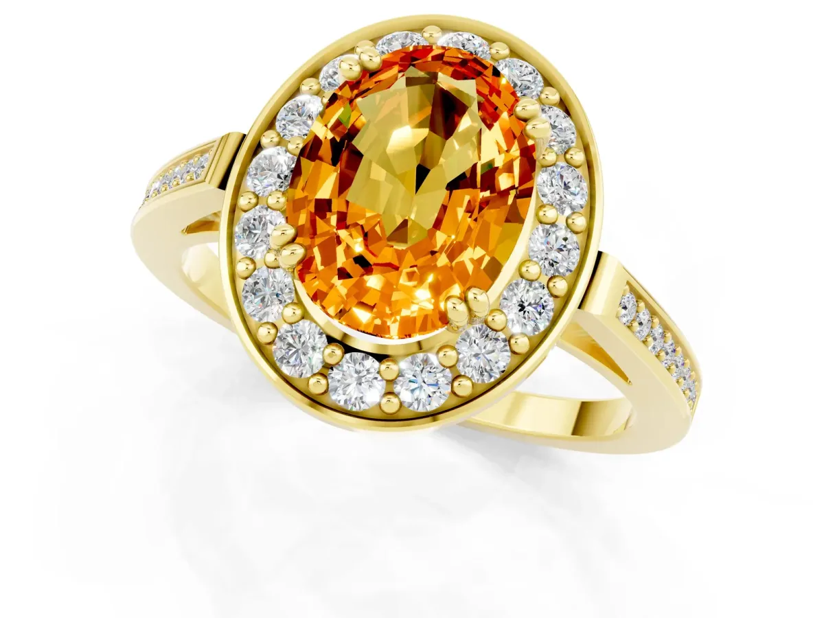 Oval Cut Citrine Halo Ring with Split Shank and Four-Prong Setting Yellow gold