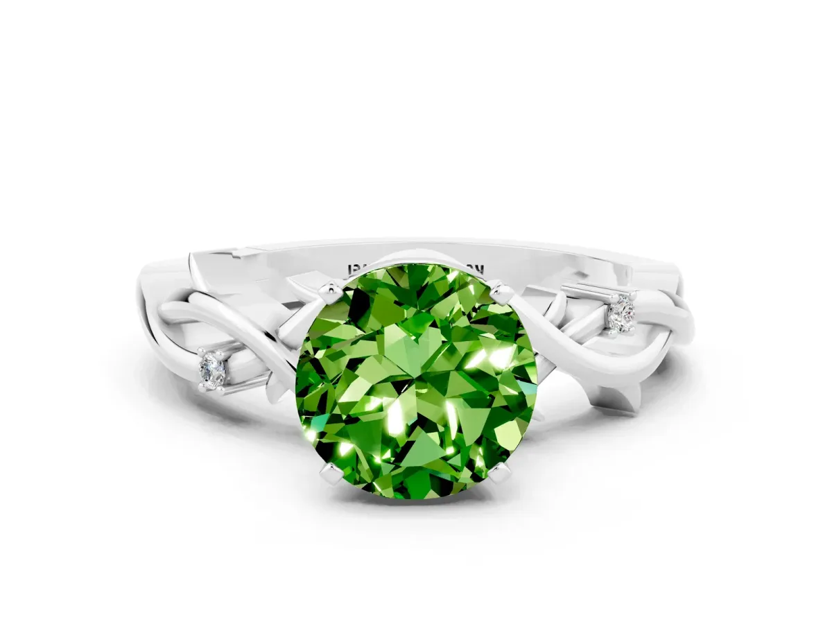 Round Cut Peridot Solitaire Ring with Twisted Band and Prong Setting Platinum