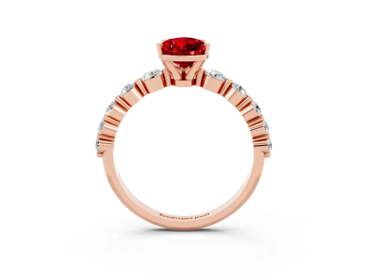 Pear Cut Solitaire Ruby Ring with Pave Band and Four-Prong Setting Rose gold