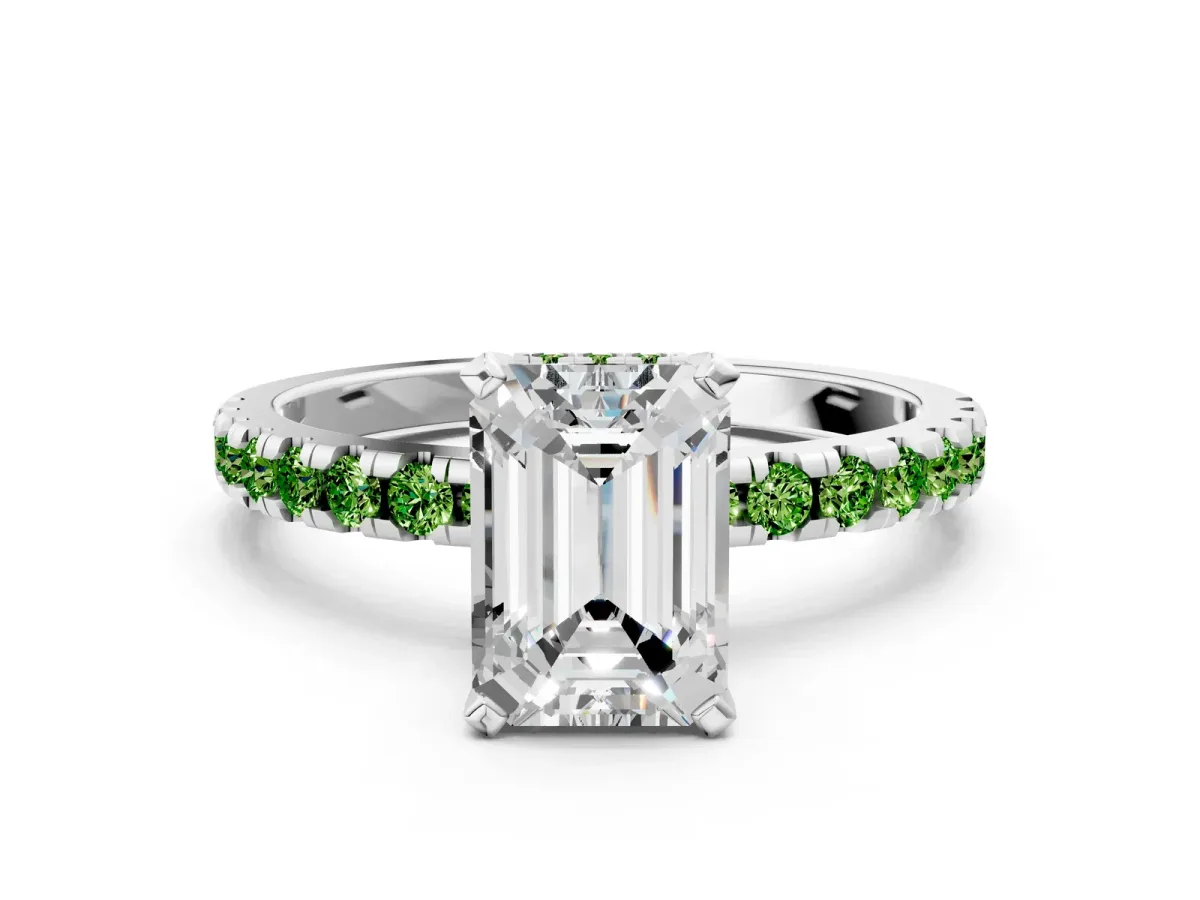 Emerald Cut Diamond Solitaire Ring with Round Peridot Pavé Band and Four-Prong Setting Silver