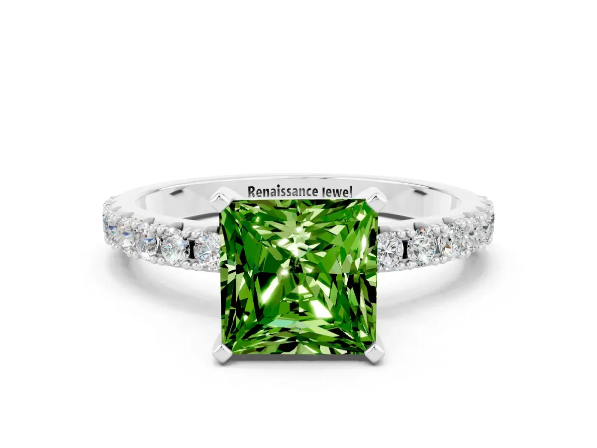 Princess Cut Peridot Solitaire Pavé Band with Four-Prong Setting Platinum