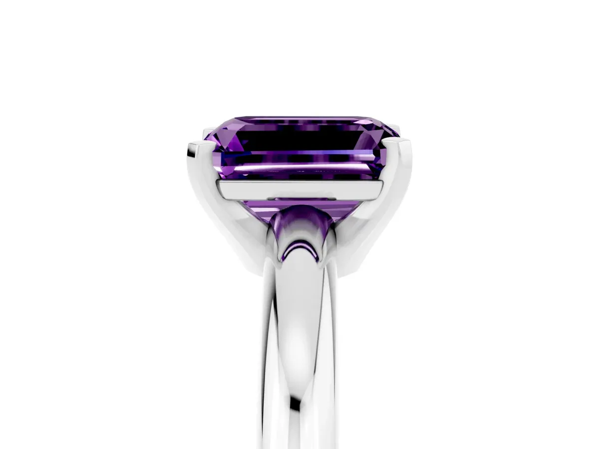 Emerald Cut Amethyst Solitaire Engagement Ring with Round Band and Four-Prong Setting Silver