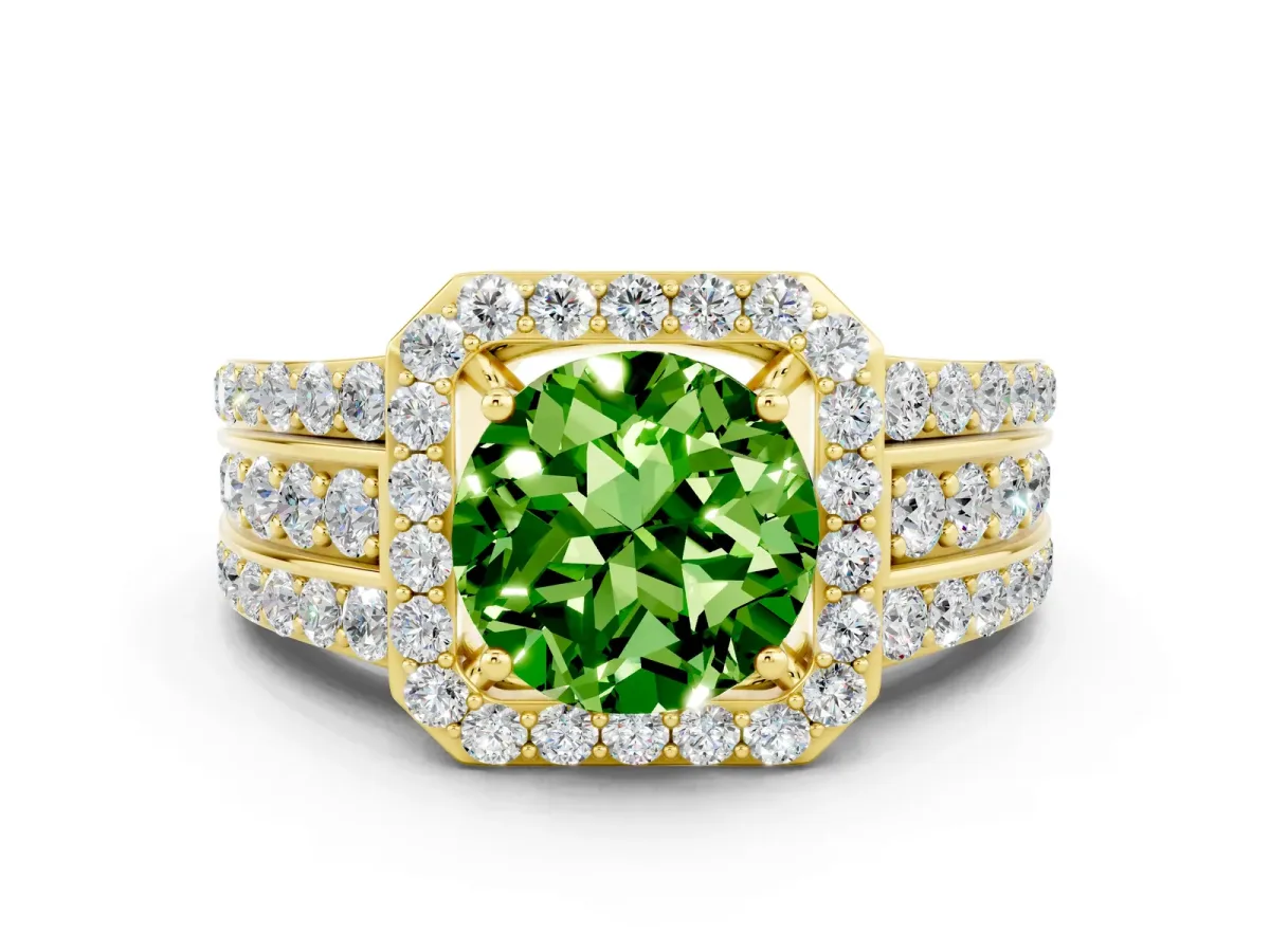 Round Cut Halo Peridot Ring with Round Split Shank and Prong Setting Yellow gold