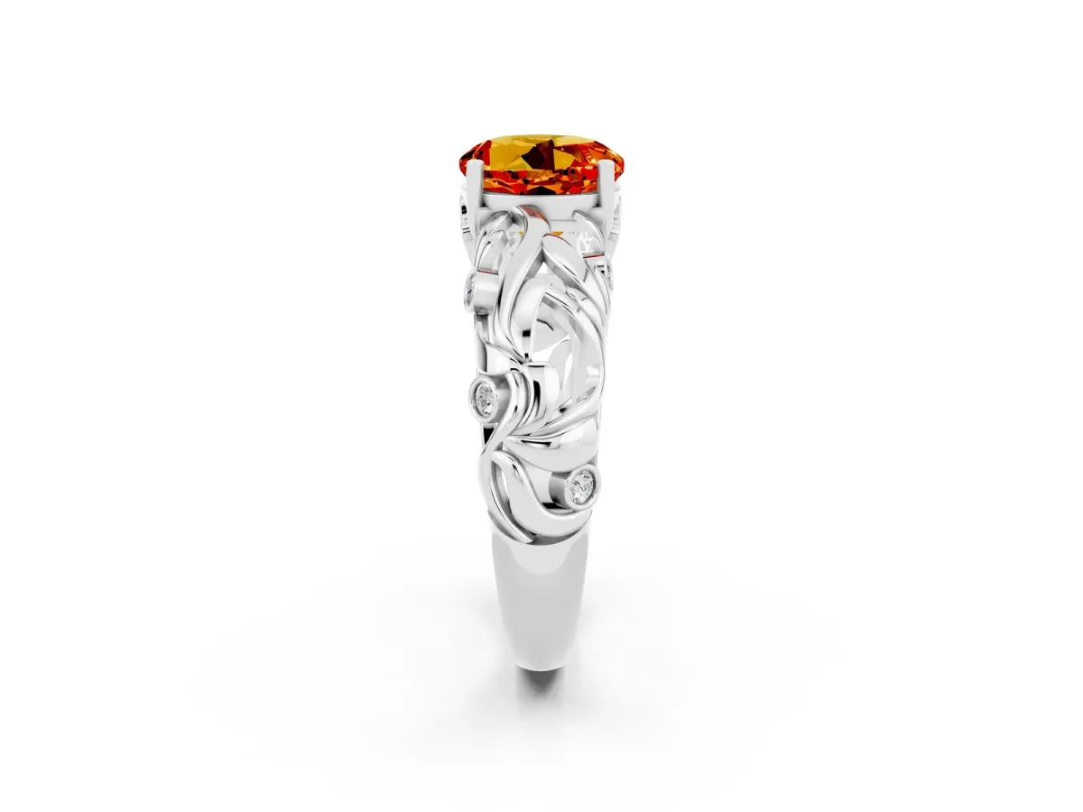 Round Cut Solitaire Citrine Leaf-Inspired Vine Band Ring with Prong Setting Silver