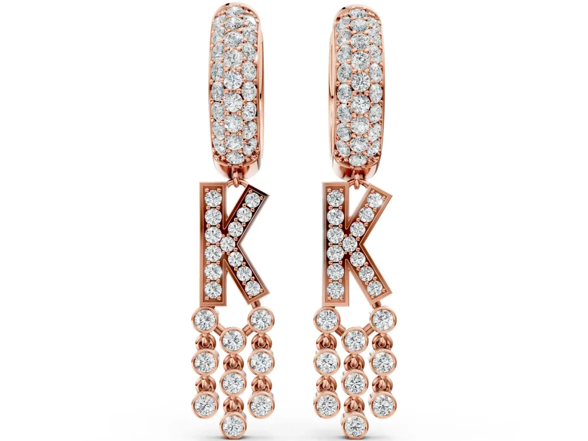 Round Diamond Initial K Huggie Hoop Earrings Rose gold