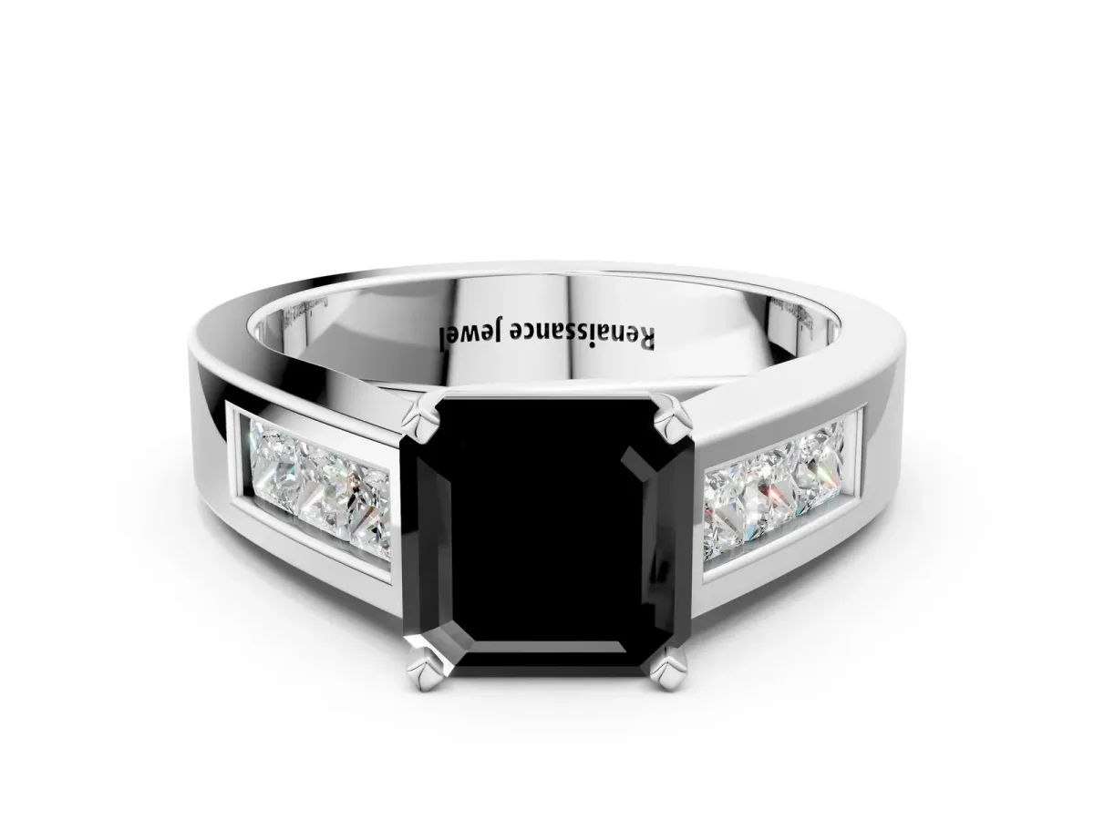 Fancy Black Asscher Cut Cut Channel Set Solitaire Ring with Four-Prong Setting Silver